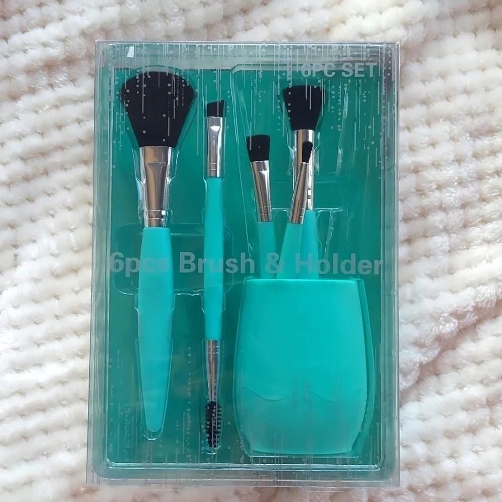 5 Piece Make Up Brush Set with Stand - teal blue